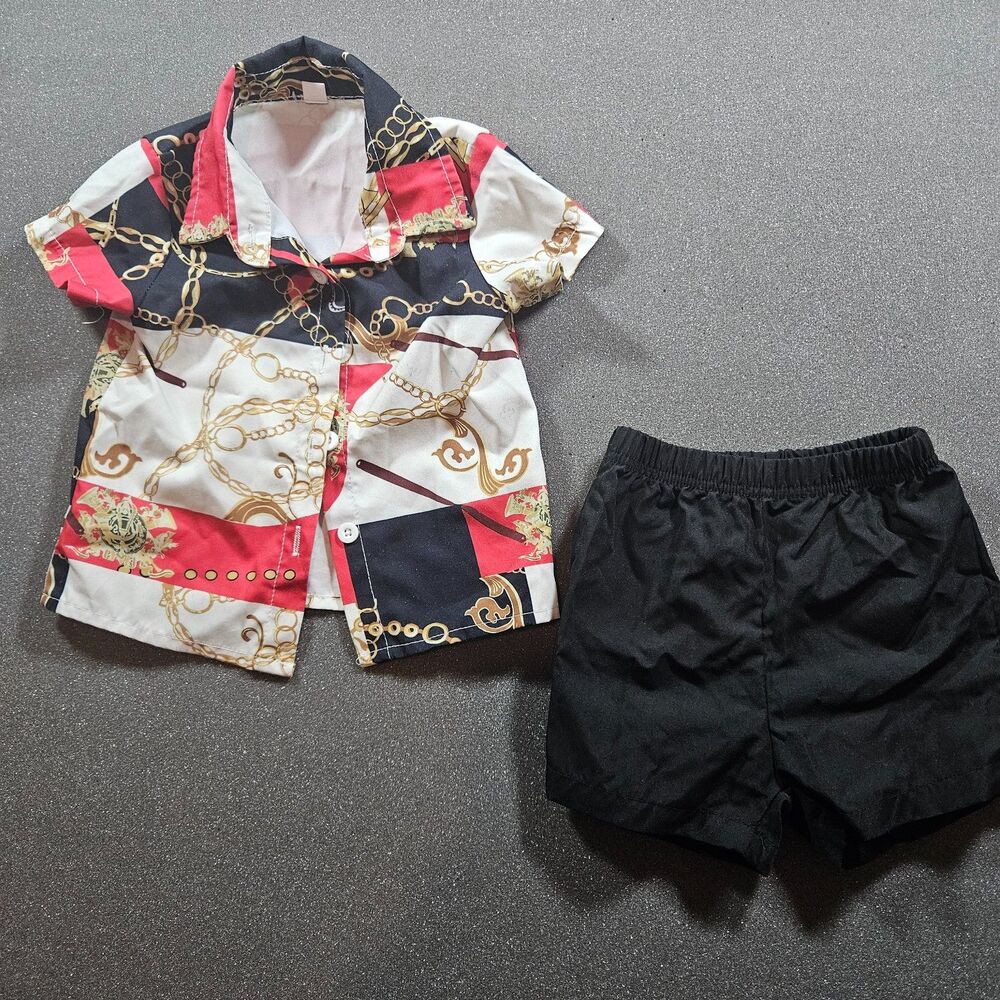 Toddler 2Pc Outfit Set 12-18M Chain Print Button Shirt Black Shorts